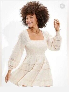 American Eagle Gauze Cotton Cream Smocked Mini Dress Medium Cottage Cors